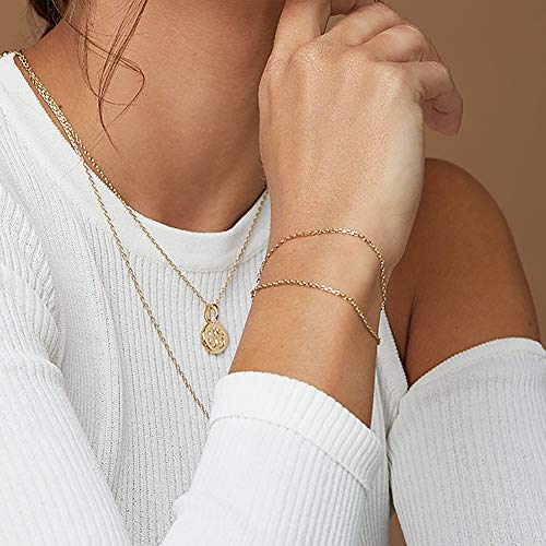 Womens Dainty Gold Chain Bracelet,Simple Layered Chain Bracelets,Beaded Turquoise Bracelet,Charm Crystal Bar,Heart,Karma,Triangle,Pearl Bracelets for Women - color: Layered Cable Chain