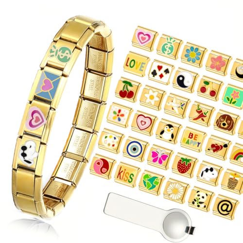 Italian Charms Bracelet Sets Heart Brascelet,18 of Charms and Opening Tools (8 Random Pattern and 10 Blank Modules) - style: 1 Set-Flower-Golden