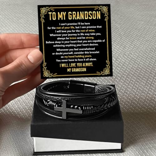 To My GrandSon Bracelet – Cross Braided Leather Bracelet, Meaningful GrandSon Gift from Grandpa & Grandma with Heartfelt Message Card & Elegant Gift Box for Birthday, Christmas, Graduation - color: Version#1