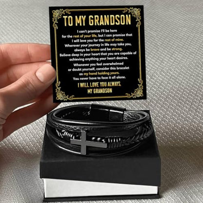 To My GrandSon Bracelet – Cross Braided Leather Bracelet, Meaningful GrandSon Gift from Grandpa & Grandma with Heartfelt Message Card & Elegant Gift Box for Birthday, Christmas, Graduation - color: Version#1