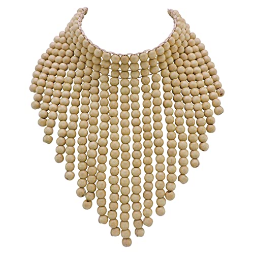 Coiris Boho African Wooden or Acrylic Beaded Bib Statement Necklace Strands Layered Cluster Chunky Collar Choker Wood Necklace for Women Fashion Costume Jewelry - color: Off White