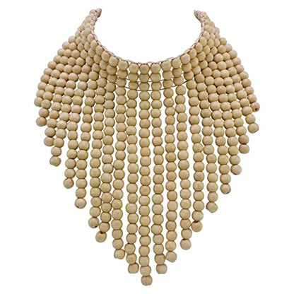 Coiris Boho African Wooden or Acrylic Beaded Bib Statement Necklace Strands Layered Cluster Chunky Collar Choker Wood Necklace for Women Fashion Costume Jewelry - color: Off White