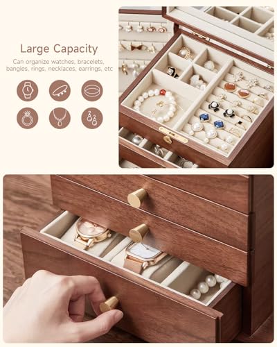 Black Walnut Wooden Jewelry Box Wood Jewelry Organizer with 2 Side Doors Mirror Lockable Classical Style for Watch Necklace Ring Earring Storage, Ideal Gift for Women-5 Layer - style: 5 Layer (Full Lock)