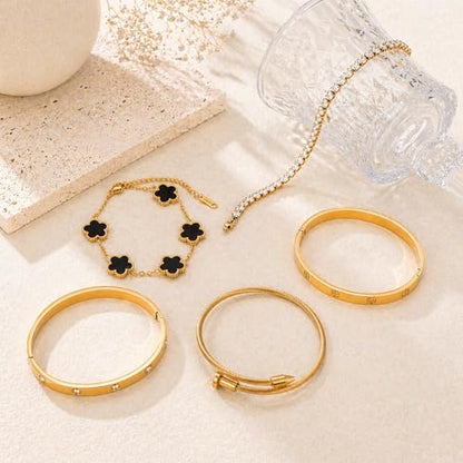 18K Gold Plated Love Bangle Bracelet Stack for Women, Adjustable Clover Bracelet & CZ Tennis Chain Set, Stackable Layered Jewelry, Fade Resistant, Long-Lasting Luster for Daily Wear & Gift - color: 5Pcs Gold Black