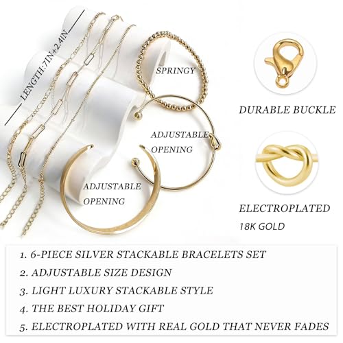 6Pcs Gold Bangle Bracelets for Women 14K Gold Plated Non Tarnish Waterproof Fashion Trendy Stackable Chunky and Thin Bracelet Sets for Women - color: Gold