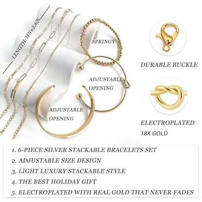 6Pcs Gold Bangle Bracelets for Women 14K Gold Plated Non Tarnish Waterproof Fashion Trendy Stackable Chunky and Thin Bracelet Sets for Women - color: Gold
