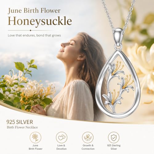 12 Month Birth Flower Necklace for Women 925 Sterling Silver Floral Teardrop Pendant Birthday Jewelry Gifts - color: 06. June Honeysuckle
