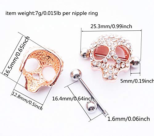 Nipple Rings for Women Stainless Steel Nipple Piercings 3D Skull Nipple Jewelry a Pair - color: gold