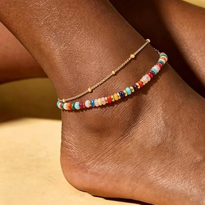2 Pcs Natural Stone Beaded Anklets For Women Starfish Turquoise Beaded Layered Anklet Set Boho Feather Stretch Ankle Bracelets Adjustable Summer Beach Jewelry Gifts - color: Boho-Colorful Layered