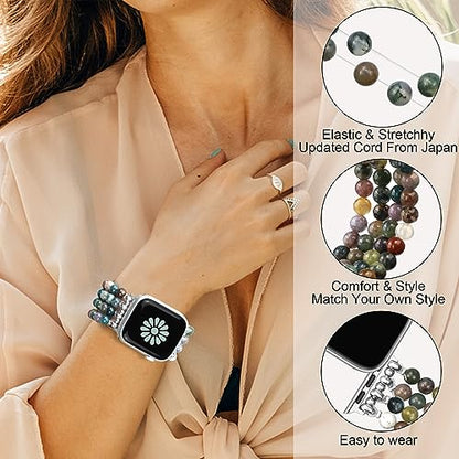 Newlibery Natural Stone Bracelet Beaded-Bands Women Compatible with Apple Watch 38mm 40mm 41mm 42mm (S10/11) Feminine Cute Handmade Stretch Strap for iWatch Series 11/10/9/8/7/6/5/4/3/2/1 SE 3/2/1 - color: A1 Indian Agate, size: 38/40/41/42mm(s10/11)