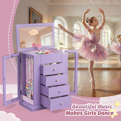 Emfogo Jewelry Box for Girls, Musical Jewelry Box with Spinning Dancer Gifts for Little Girls Christmas New Year Birthday Children's Day, 5 Layer Large Wooden Kids Music Jewelry Organizer Box(Purple) - color: Purple