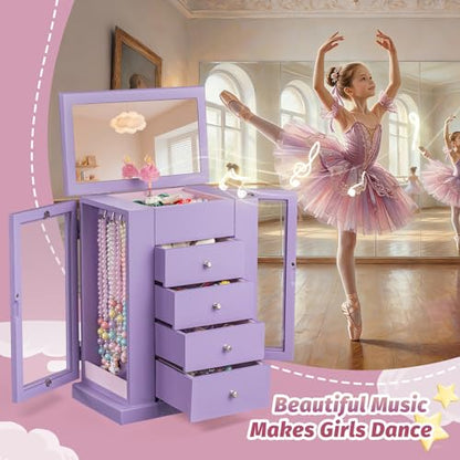 Emfogo Jewelry Box for Girls, Musical Jewelry Box with Spinning Dancer Gifts for Little Girls Christmas New Year Birthday Children's Day, 5 Layer Large Wooden Kids Music Jewelry Organizer Box(Purple) - color: Purple