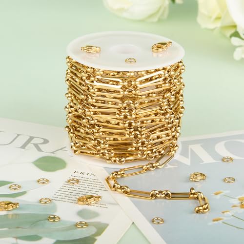 KYUNHOO 13 Feet Stainless Steel Chain Necklace for Jewelry Making | 4MM Wide Paperclip Chains Small Circle Link Chain Gold Jewelry Making Chains with Lobster Clasps and Jump Rings - color: Paperclip Gold