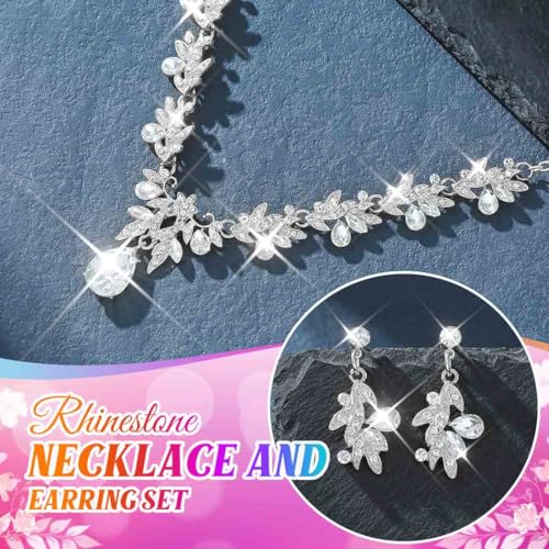 Rhinestone Bridal Wedding Jewelry Sets Gold Necklace Earrings Set Leaf Prom Formal Costume Jewelry Set for Women and Brides - color: Silver