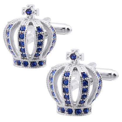 Royal Crown Blue Crystal Cuff Links for Men Lady in Gift Box Unisex Cufflinks for Business Wedding Anniversary Dress - size: one size