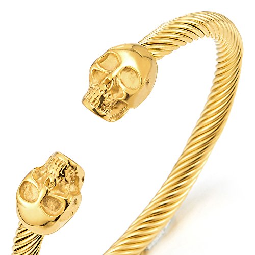 COOLSTEELANDBEYOND Elastic Adjustable Unique Mens Skull Cuff Bangle Steel Twisted Cable Bracelet Polished - color: B-Metal Color: Gold