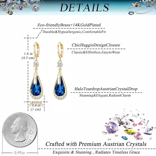 Trendy Austrian Crystal Teardrop Drop Huggie Dangle Earrings for Women 14k Rose Gold Plated Hypoallergenic Jewelry Gifts - color: Dark Blue