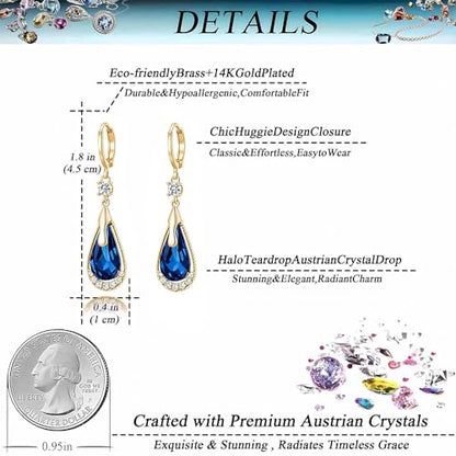 Trendy Austrian Crystal Teardrop Drop Huggie Dangle Earrings for Women 14k Rose Gold Plated Hypoallergenic Jewelry Gifts - color: Dark Blue
