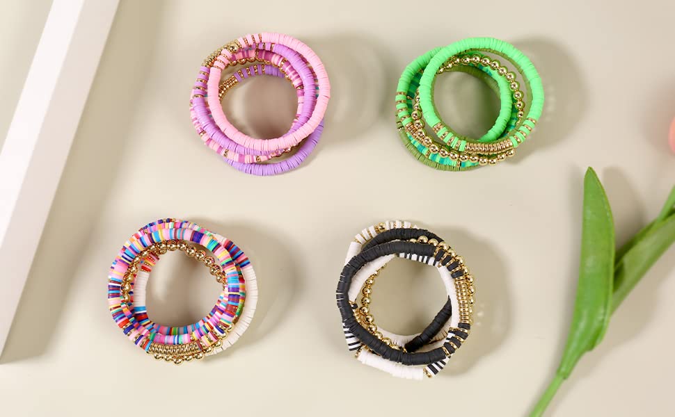 Elegance 11 designs Heishi Beaded Bracelets For Women Polymer Clay Colorful Surfer Stackable Beads Boho Bracelet Summer Beach Jewelry - color: Green