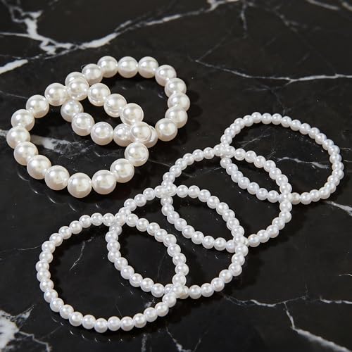6Pcs White Pearl Bracelets for Women, Stretch Faux Pearl Bracelets, Elastic Pearl Beaded Bracelets, Stackable Pearl Bracelet Set for Women Bridal Bridesmaid Wedding Party Gifts