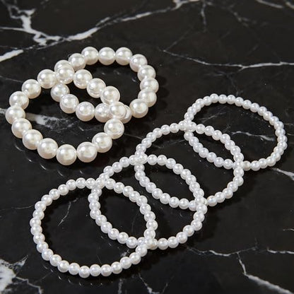 6Pcs White Pearl Bracelets for Women, Stretch Faux Pearl Bracelets, Elastic Pearl Beaded Bracelets, Stackable Pearl Bracelet Set for Women Bridal Bridesmaid Wedding Party Gifts