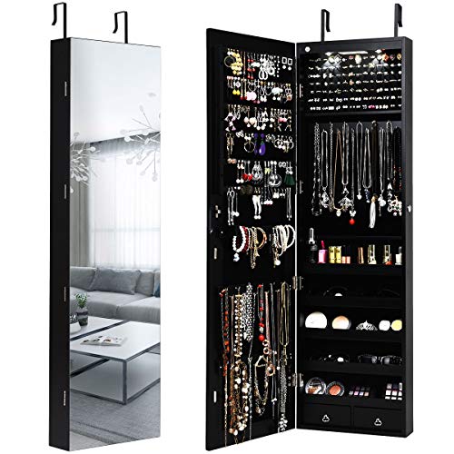 Giantex Wall Door Mounted Jewelry Armoire Cabinet with 47.5" H Full Length Mirror, 2 LEDs Lockable Jewelry Organizer Box with Bracelet Rod, 2 Drawers, Large Storage Capacity (Black) - color: Black, size: 47.5'' H