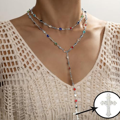Colorful Crystal Long Necklace for Women Dainty Boho Y-Shaped Color Bead Necklaces Sparkly Rhinestone Pendant Layered Gold Long Chain Choker Good Luck Trend Jewelry Gift Jewelry - color: Cross+Double Silver