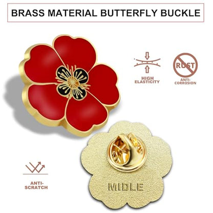 2/20/50/100Pcs Memorial Day Veterans day Flower Enamel Lapel Pin 1“, Souvenir For Men Women Clothes Bags Hats - color: 10-Pack