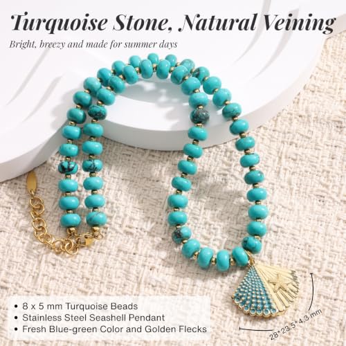 SAMYA Gemstone Beaded Necklace for Women, Natural Stone Ocean Jewelry | Fish or Seashell Pendant Beach Necklace, Gold Spacer Accents, Reinforced Stainless Steel Clasp, Adjustable 16"+2" - color: Turquoise