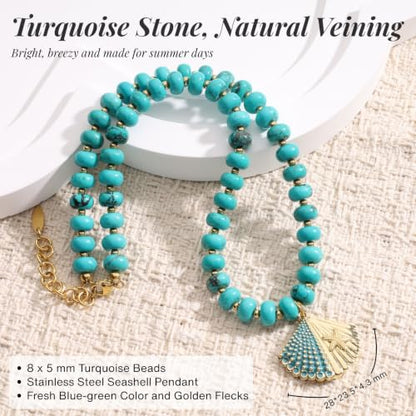 SAMYA Gemstone Beaded Necklace for Women, Natural Stone Ocean Jewelry | Fish or Seashell Pendant Beach Necklace, Gold Spacer Accents, Reinforced Stainless Steel Clasp, Adjustable 16"+2" - color: Turquoise