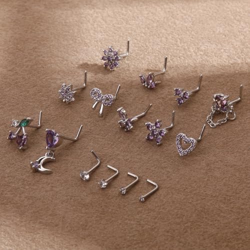 BSJ4U Nose Rings L Shaped for Women Nose Piercings 20G Surgical Stainless Steel Nose Studs CZ Heart Butterfly Flower Cherry Bow Moon Dangle Nose Piercing Jewelry - color: Silver Purple Nose Rings