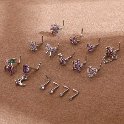 BSJ4U Nose Rings L Shaped for Women Nose Piercings 20G Surgical Stainless Steel Nose Studs CZ Heart Butterfly Flower Cherry Bow Moon Dangle Nose Piercing Jewelry - color: Silver Purple Nose Rings