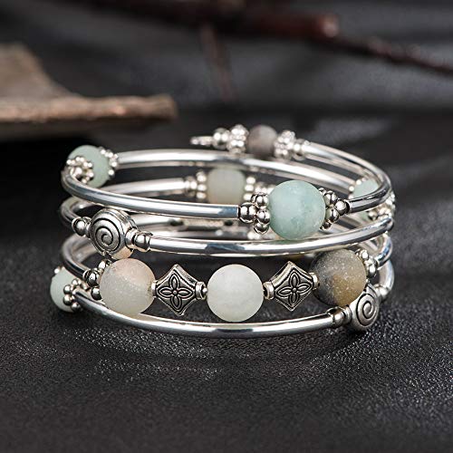 Beaded Pearl Bangle Wrap Bracelet - Fashion Bohemian Jewelry Multilayer Charm Bracelet with Thick Silver Metal Beads, Gift For Women - color: Green