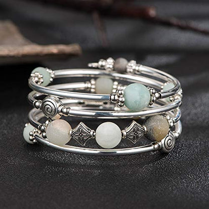 Beaded Pearl Bangle Wrap Bracelet - Fashion Bohemian Jewelry Multilayer Charm Bracelet with Thick Silver Metal Beads, Gift For Women - color: Green