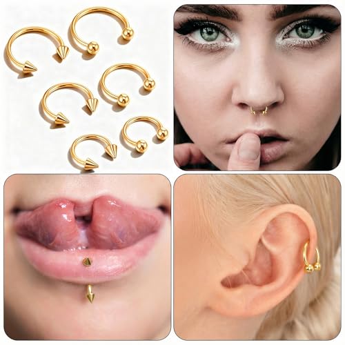 Yolev 6pcs Horseshoe Nose Ring 16g Surgical Steel Septum Piercing Jewellery Horseshoe Hoop Earring Lip Rings Ear Helix Cartilage Daith Conch Horse Shoe Nose Ring For Women Men 8/10/12mm Gold