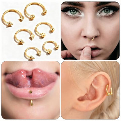 Yolev 6pcs Horseshoe Nose Ring 16g Surgical Steel Septum Piercing Jewellery Horseshoe Hoop Earring Lip Rings Ear Helix Cartilage Daith Conch Horse Shoe Nose Ring For Women Men 8/10/12mm Gold