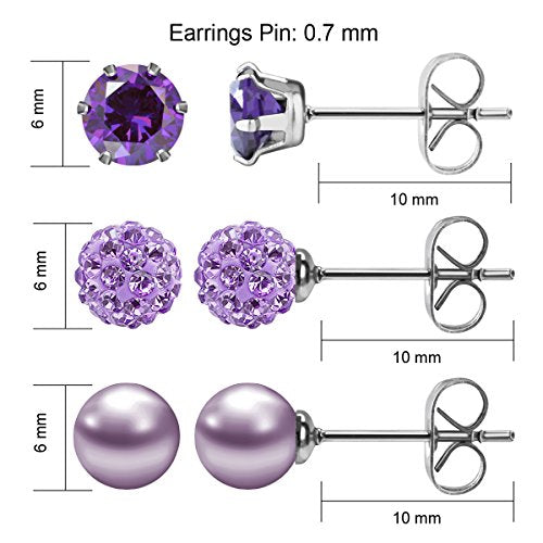 JewelrieShop Birthstone Studs Earring Set Cubic Zirconia Rhinestones Crystal Ball Faux Pearl Stainless Steel Stud Earrings for Women Jewelry Gift (6mm Round,3 Pairs) - color: 2) Feb. - Purple