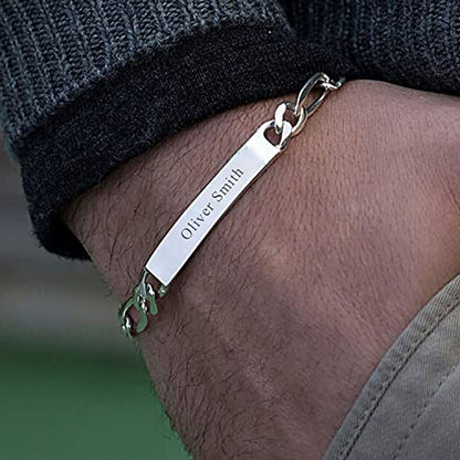 LeCalla Personalized Customised Engraved Name Men's Figaro Chain ID Bracelet in 925 Sterling Silver Personalized Custom Birthday Christmas Fathers Day Jewelry Gift for Dad Husband - color: Thickness 7.5 mm
