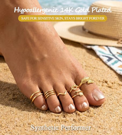 WAINIS 18Pcs Toe Rings for Women | 14K Gold Silver Plated Adjustable Toe Ring,Non Tarnish Simple Hug CZ Triple Open Band Toe Rings,Summer Beach Foot Jewelry - color: gold1