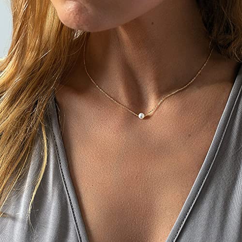 Pearl Necklace for Women, Dainty Pearls Choker Necklace for Women 14K Gold Plated Layered Pendant Necklace Handmade Gold Chain Necklace Everyday Jewelry Gift - color: Single Pearl-Gold
