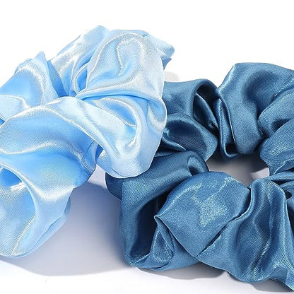 Satin Hair Scrunchies: Cute, Big Pony Tail Holders for Thick, Curly Hair - No Crease, No Damage Hair Ties for Girls and Women - color: Blue