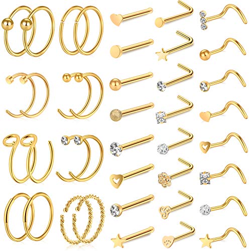 35-70 PCS 18G 20G Nose Rings for Women & Men - Gold Hoops, L Shape, Studs & Screw - 316L Surgical Stainless Steel - color: Color B-40pcs