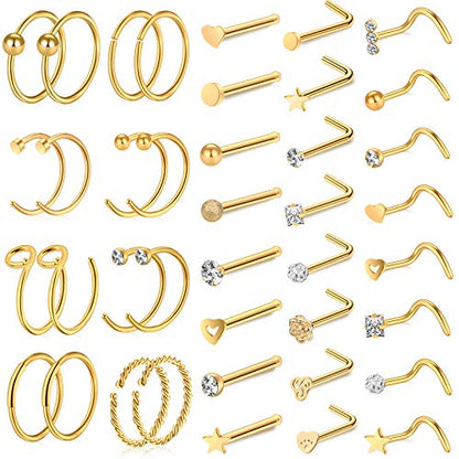 35-70 PCS 18G 20G Nose Rings for Women & Men - Gold Hoops, L Shape, Studs & Screw - 316L Surgical Stainless Steel - color: Color B-40pcs