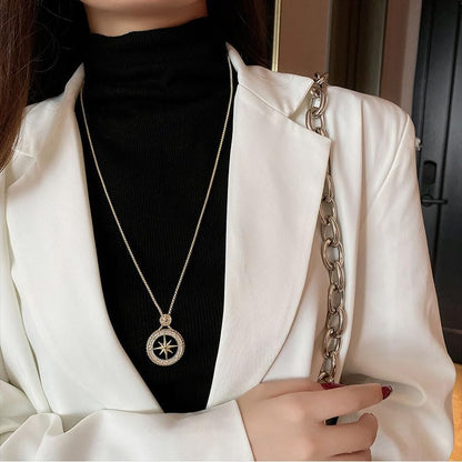 18K Gold Plated Compass Star Statement Pendant Necklace with Cubic Zirconia Accents