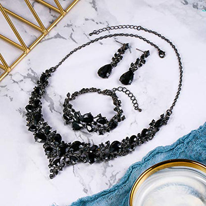 Wedding Bridal Jewelry Set for Women Bride Bridesmaids | Gorgeous Austrian Crystal Teardrop Cluster Statement Necklace Dangle Earrings Link Bracelet Set Prom Jewellery - color: 02-Black Black-Tone