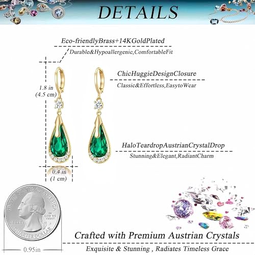 Trendy Austrian Crystal Teardrop Drop Huggie Dangle Earrings for Women 14k Rose Gold Plated Hypoallergenic Jewelry Gifts - color: Fern Green