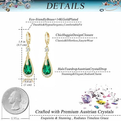 Trendy Austrian Crystal Teardrop Drop Huggie Dangle Earrings for Women 14k Rose Gold Plated Hypoallergenic Jewelry Gifts - color: Fern Green