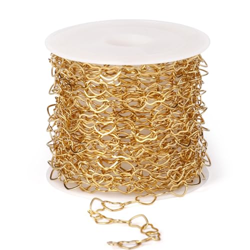 16.5FT Gold Heart Chain Roll 4.5mm Stainless Steel Chain for Jewelry Making | 18K Gold PVD Plated Heart Link Chain Spool Bulk for Necklace Bracelet Crafts - color: gold color
