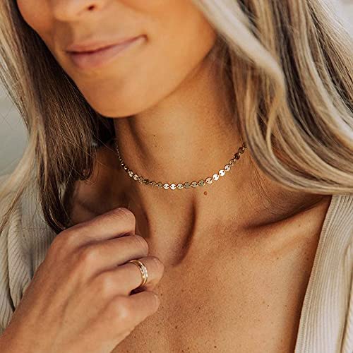 CHESKY 14K Gold Plated Silver Dainty Satellite Choker Necklace for Women | Layered Beaded Chain Necklace, Thin Choker Jewelry, Dainty Gold necklace, Minimalist Trendy Jewelry, Daily Gift for Women - style: Disc-Gold