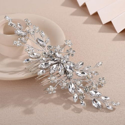 Teyglen Silver Wedding Rhinestone Hair Comb with Pearl Crystal Flower Hair Side Comb Bridal Crystal Headpiece Handmade Rhinestone Hair Piece Flower Hair Accessories for Women (Silver) - color: Silver